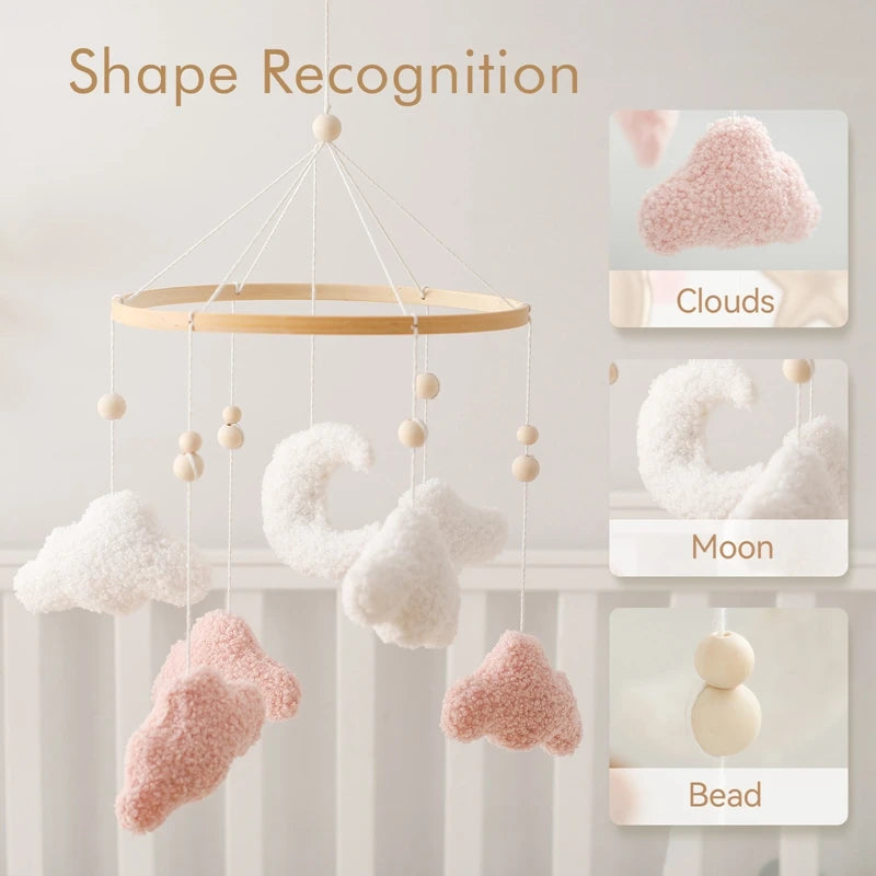 Wooden Crib Mobile Baby Bed Bell Rattle Toy Soft Felt Cartoon Bear Mobile bracket Newborn Music Box Bed Bell Hanging Bracket Toy