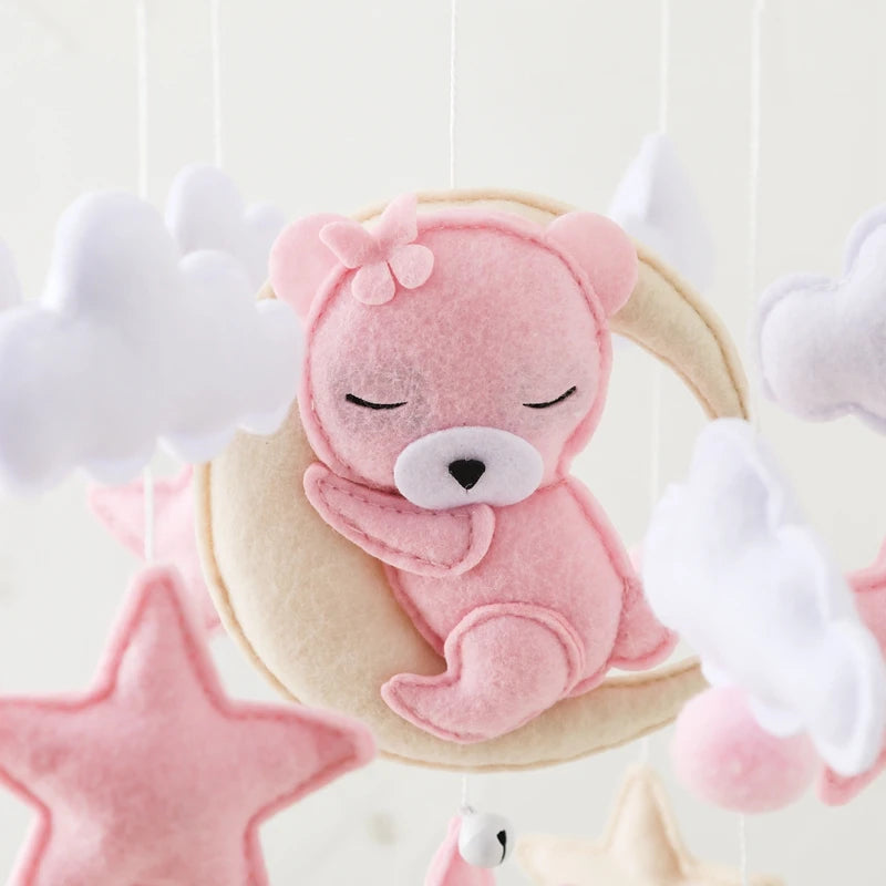 Wooden Crib Mobile Baby Bed Bell Rattle Toy Soft Felt Cartoon Bear Mobile bracket Newborn Music Box Bed Bell Hanging Bracket Toy
