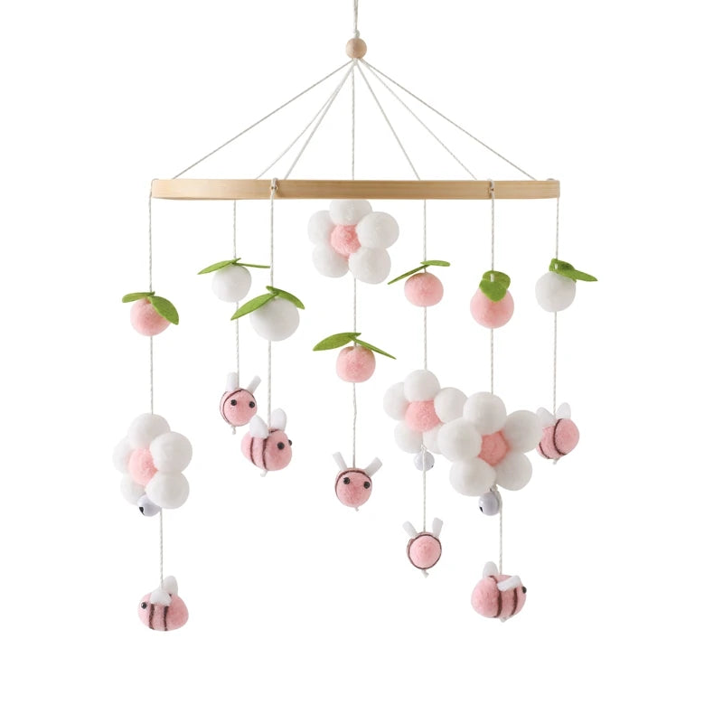 Wooden Crib Mobile Baby Bed Bell Rattle Toy Soft Felt Cartoon Bear Mobile bracket Newborn Music Box Bed Bell Hanging Bracket Toy