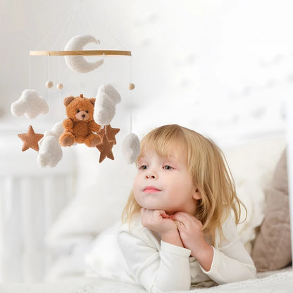 Wooden Crib Mobile Baby Bed Bell Rattle Toy Soft Felt Cartoon Bear Mobile bracket Newborn Music Box Bed Bell Hanging Bracket Toy