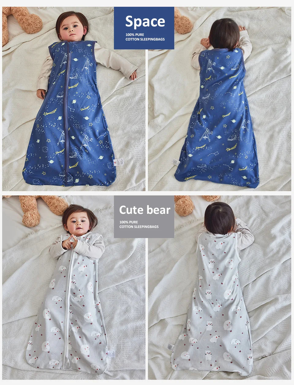 Baby Sleeping Bag Summer Thin Baby Sleepsack Kids Sleepwear Anti-Kick Blanket 3-18Months Stars Sky Cartoon Print 100% Cotton